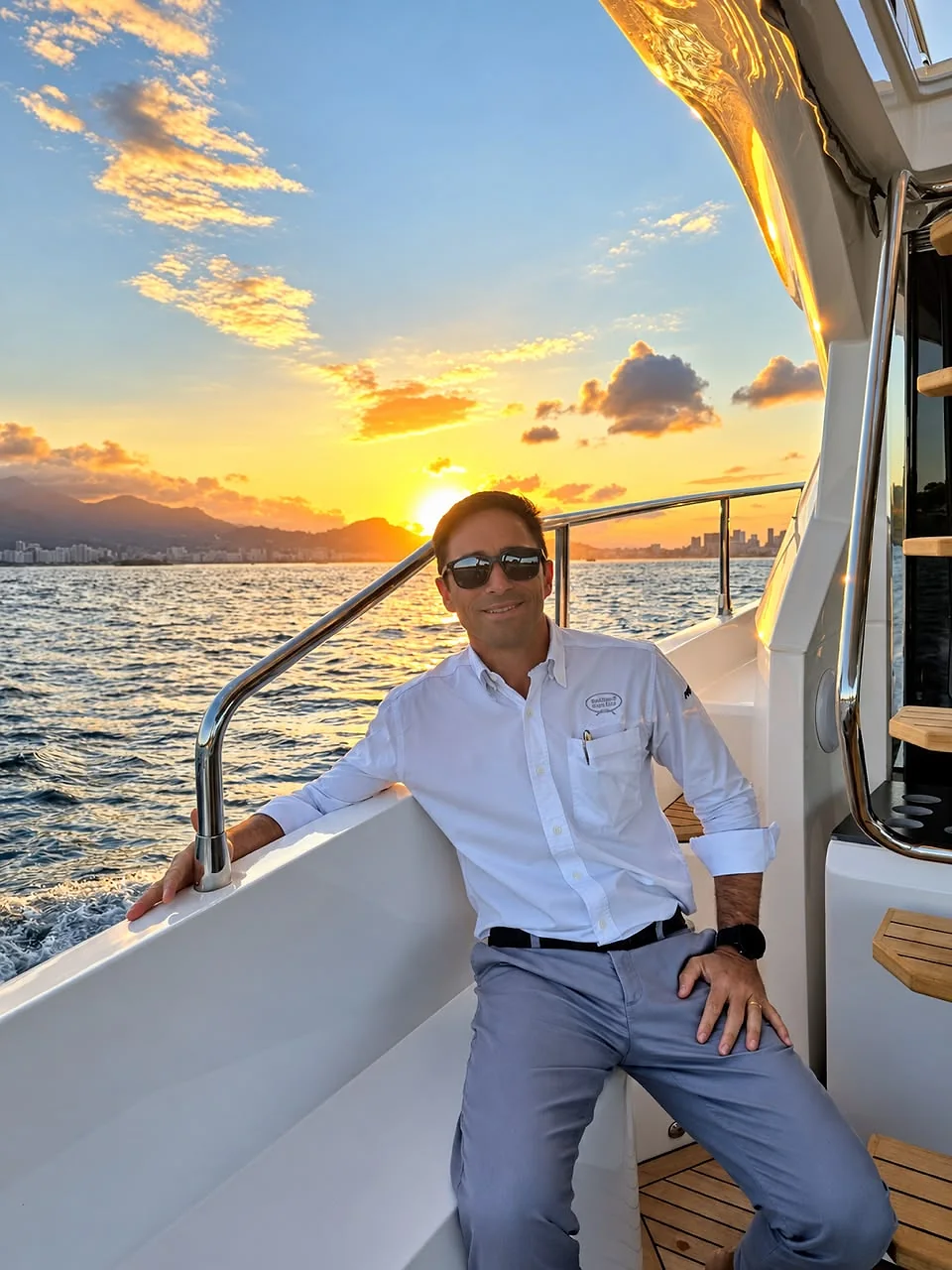 João Paulo sentado no deck de uma lancha, ao pôr do sol