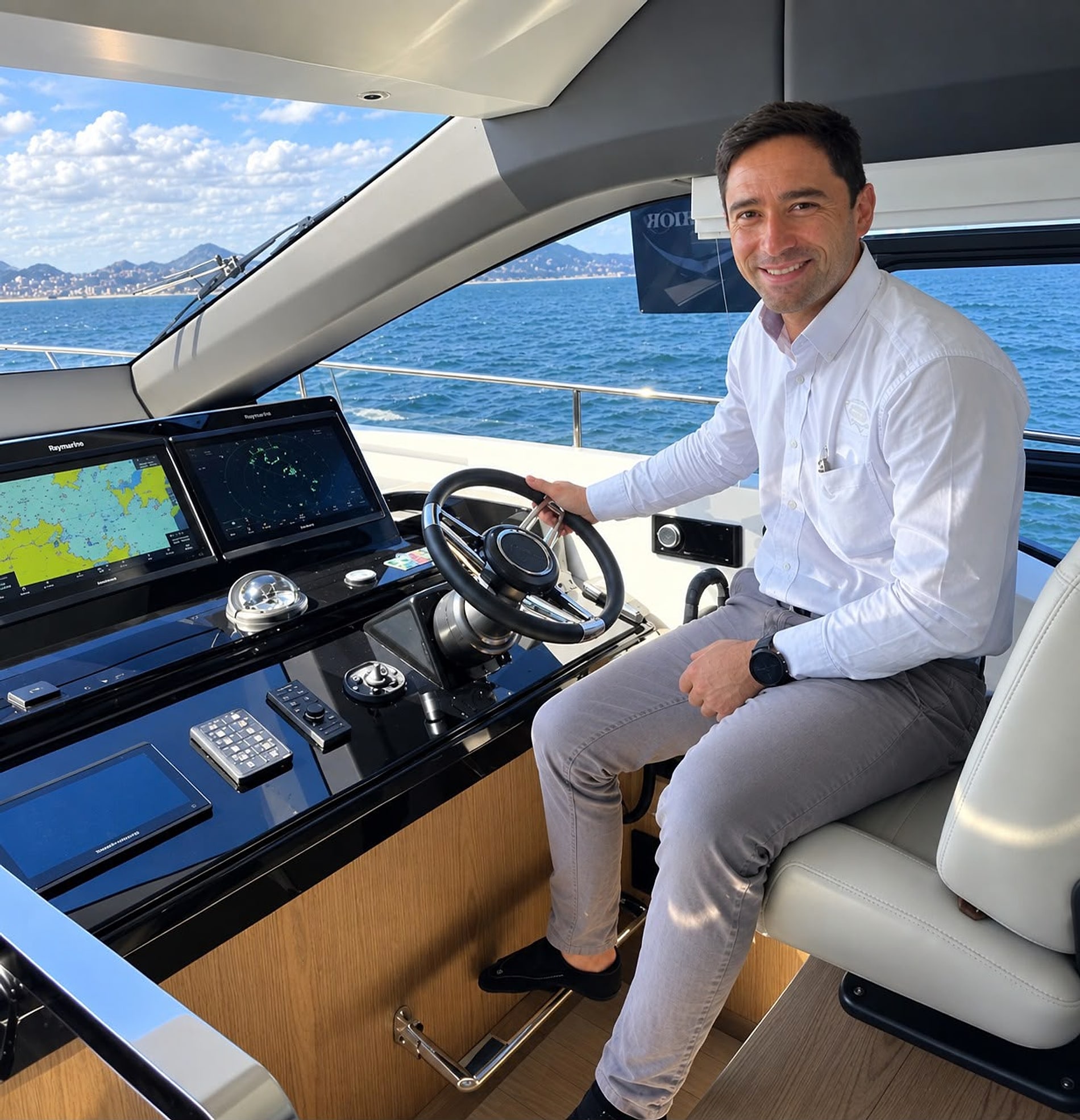 João Paulo, sorrindo, no timão de uma lancha, com o mar ao fundo